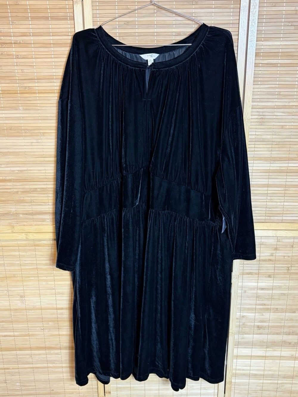 Black Velvet Midi Dress 4X Long Sleeve Round Neck Smocked Stretch Goth